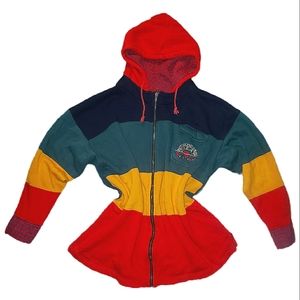 Vintage Retro 80's Color Block Embroidered Zip Up Hoodie Sweatshirt